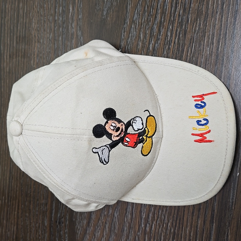 Beige Disney Mickey Mouse baseball cap embroidered design size kids velcro back